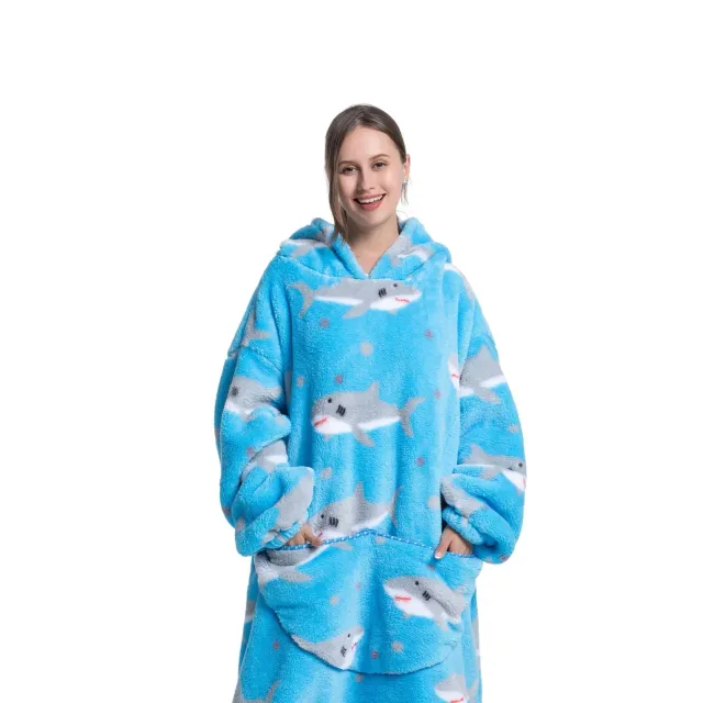 Wearable blanket with hood of stuffed animal and sherpa fleece for adults