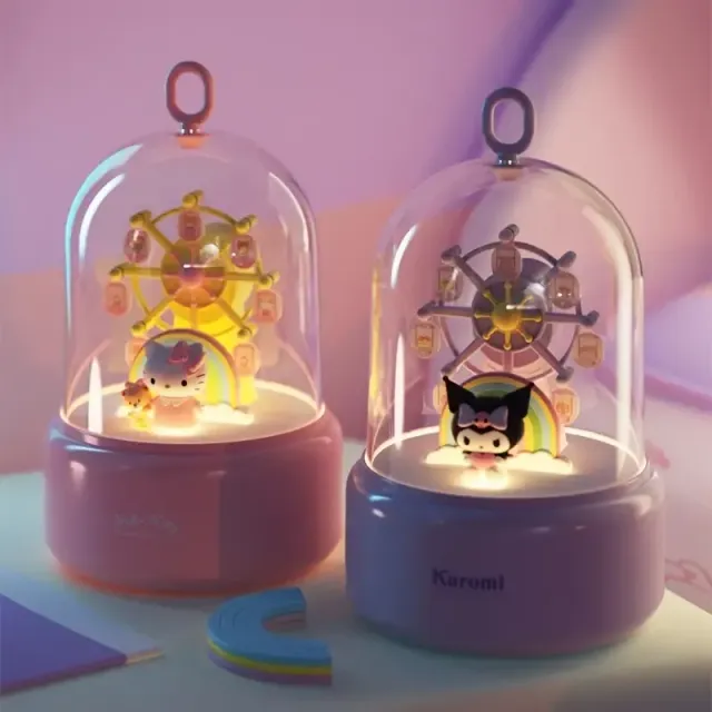 1pcs Sanrio Hello Kitty/Kuromi Music Box, Anime Russian Bike Music Box Light Rotating wooden horse Music Box Decoration Creative ornament, Pink/violet style Halloween Christmas gift/Deco