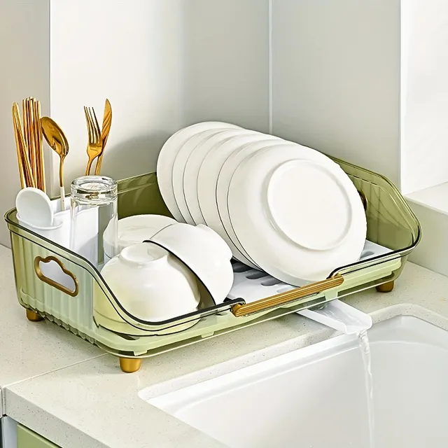 Sušák na nádobí s odkapávačem a držákem na náčiní, praktický pro kuchyňskou linku, snadné odkapávání a čištění