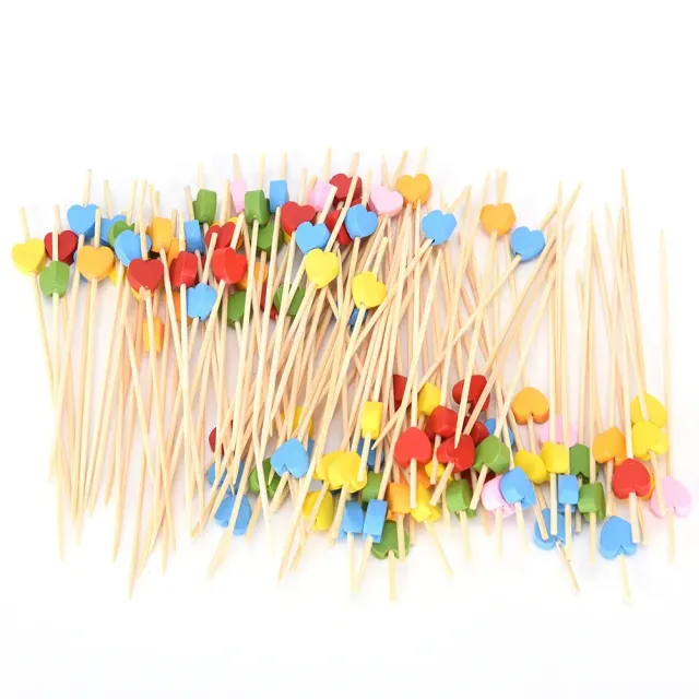 100 pcs of wooden toothpicks decorated with colored hearts