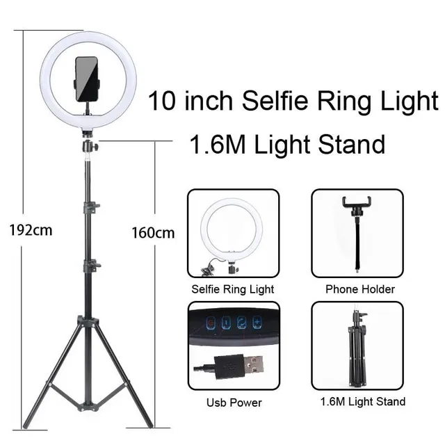 Circular photo light with tripod and phone holder