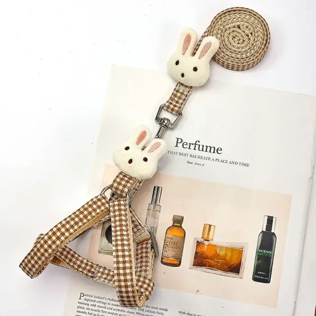 Luxusní kšíry pro kočky a malé pejsky - kostkovaný design, roztomilá nášivka králíčka
