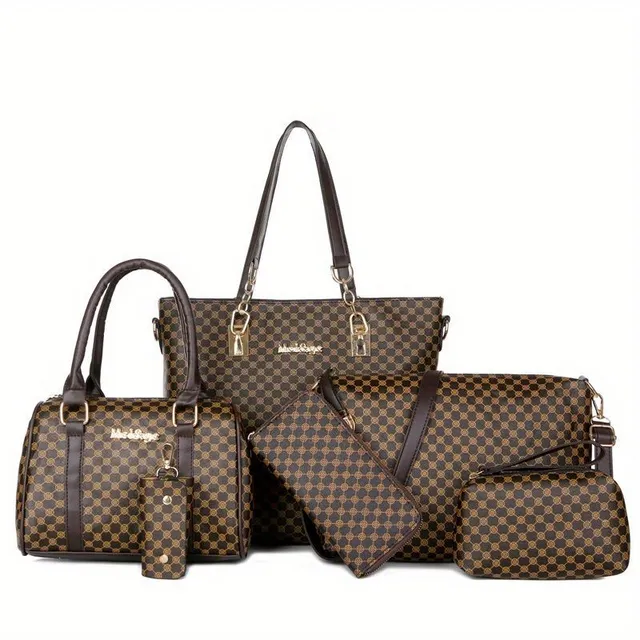 6 piece bag set: Tote, Boston, Clutch, PU leather shoulder with texture - universal for everyday wear