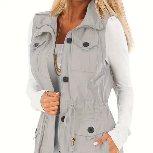 Solid Vest With Capsules On Clops And String, Universal Handless Vest With Zip For Spring And Autumn, Women's Clothing