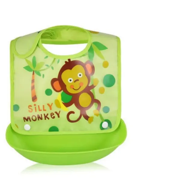 Silicone bib with pocket and cartoon motive for boys and girls