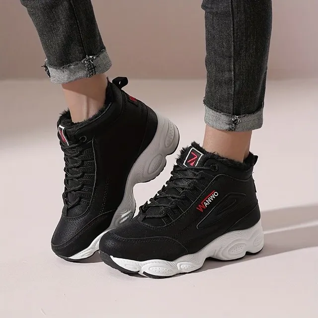 Winter high ankle sneakers with teddy inside, thermal lining, laced, with platform thick sole for comfortable walking