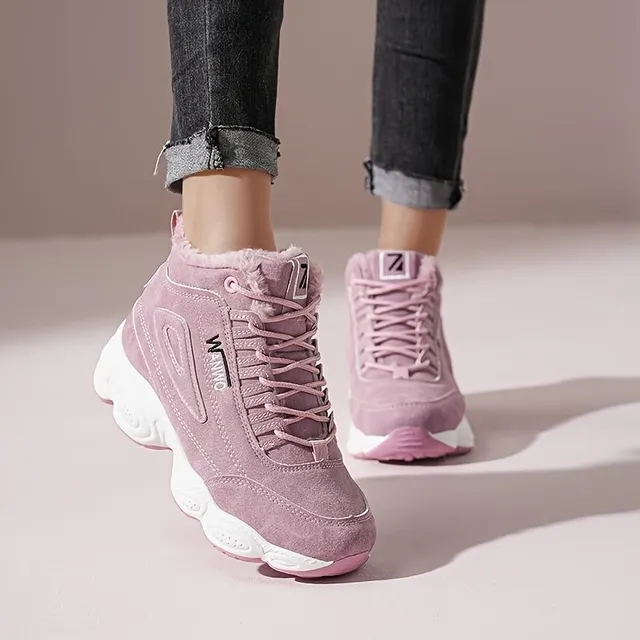 Winter high ankle sneakers with teddy inside, thermal lining, laced, with platform thick sole for comfortable walking