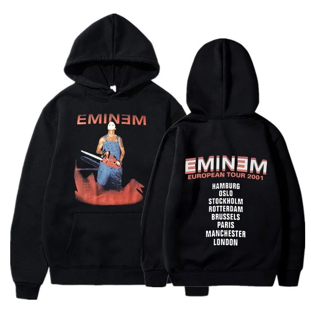 Bluză trendy cu buzunar tip marsupiu și glugă cu tiparul celebrului rapper EMINEM