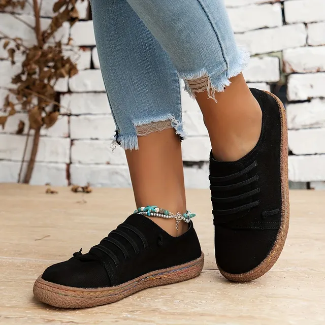 Women's retro sneakers with round toe, slip-on shoes in contrast color, comfortable all-day shoes