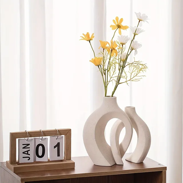 Dutá keramická váza v boho stylu s donutovým otvorem pro moderní bydlení, severský minimalismus, dekorace na stůl