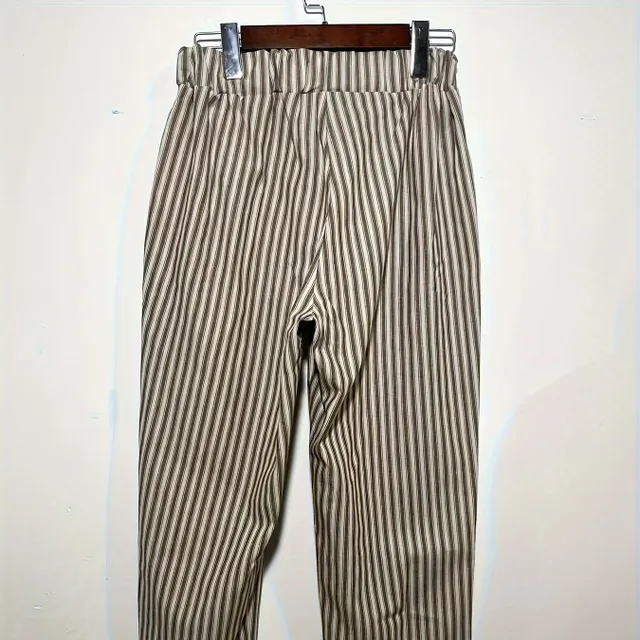 Striped trousers with slippery drawstring pockets, casual spring and summer trousers, women's clothing
