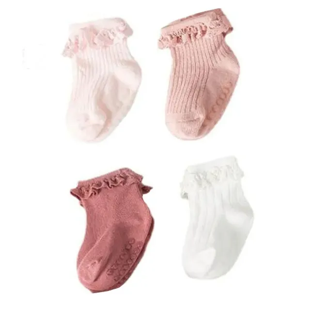 Baby cotton anti-slip socks in autumn and winter with baby and toddler ruffles, 4 pairs