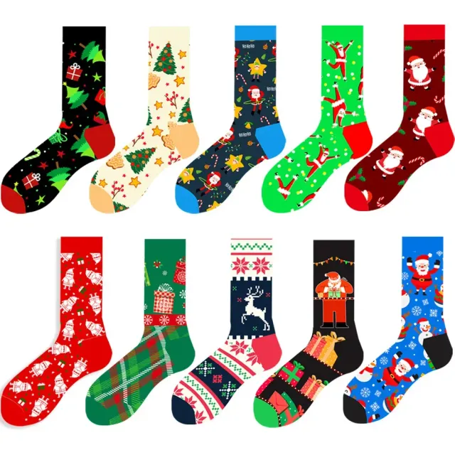 Chaussettes de Noël avec motifs joyeux - Saint Nicolas, renne, sapin, flocons et bonhomme de neige