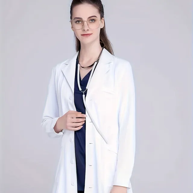 Uniformă solidă cu un singur rând de nasturi, cu buzunare funcționale și mâneci lungi, uniformă medicală pentru femei