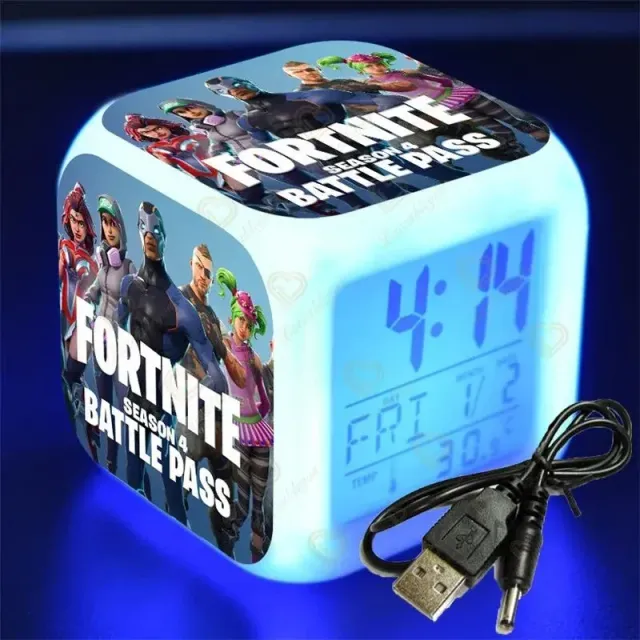 LED hranatý digitální budík s podsvícením a motivy oblíbené hry Fortnite