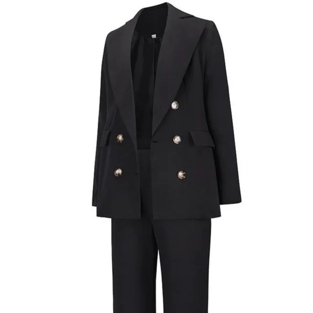 Formální polyesterové prosté sako s kapsami ve tvaru V a dlouhé kalhotové obleky