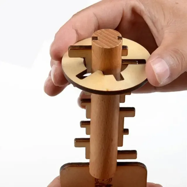 Fun wooden puzzle in the shape of a key with a lock hole - quality processing