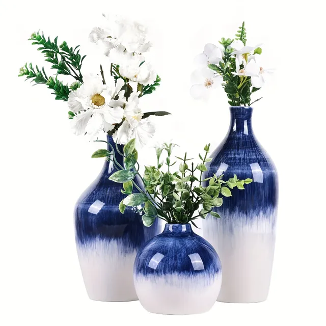 Set of 3 Pcs Ceramic Floral Vase With Crossing Glaze - Suitable for Wedding Dinner, Party At Table, Living Room, Office, Bedroom, Aesthetic Facilities Rooms, Decoration Home, Spring Decoration, Decorative Gift New Year