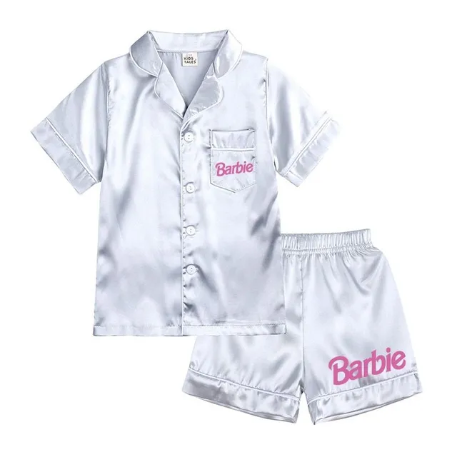 Pijama modernă pentru fete, formată din două piese, din material lucios, cu motivul Barbie