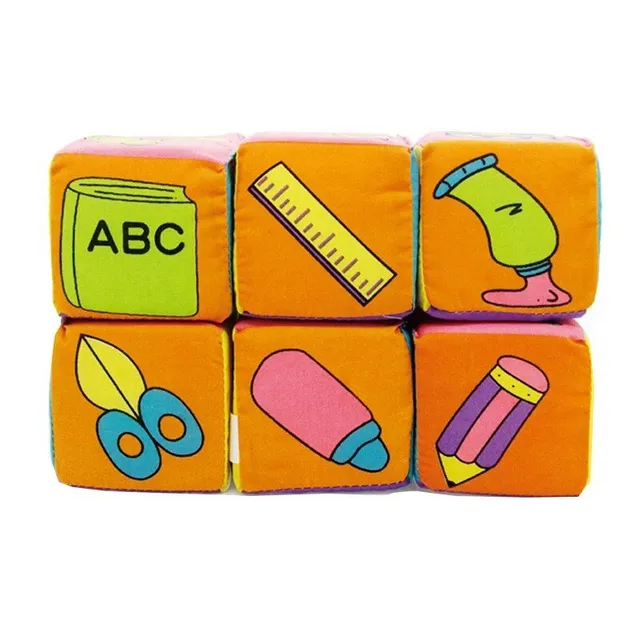 6dílná sada látkových stavebních bloků pro nejmenší děti - naučné kostky s obrázky a číslicemi