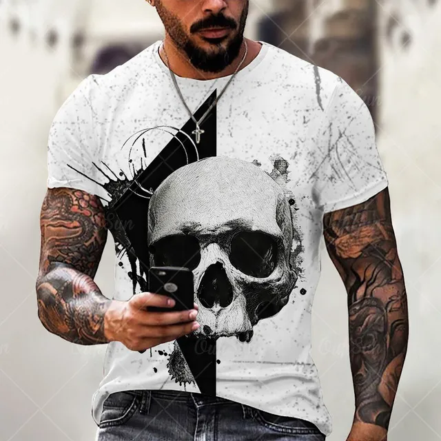 Tricou de lux pentru bărbați cu mâneci scurte și imprimeu 3D de crană înfricoșătoare - diferite modele Rylie