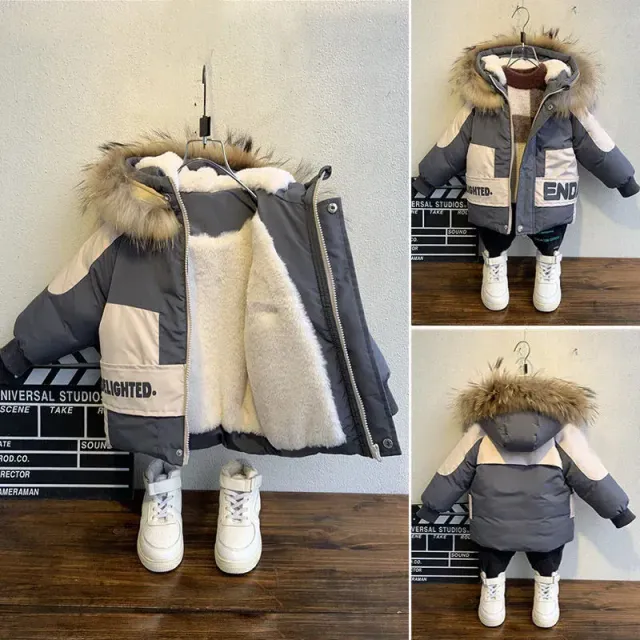 Warm winter jacket for boys with fur collar and hood made of cotton and velvet, 2023