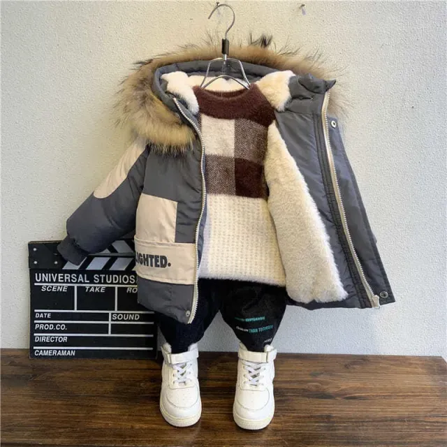 Warm winter jacket for boys with fur collar and hood made of cotton and velvet, 2023