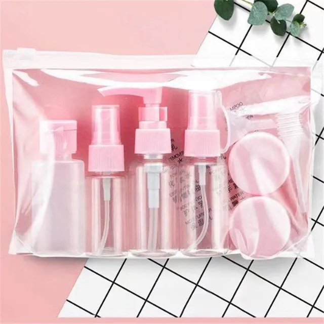 Luxury set of travel bottles in transparent design in a pouch