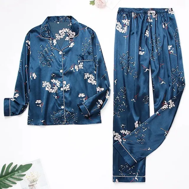 Ženská jar/jesenné pyžamo hodvábneho saténu - dlhé rukávy a nohavice