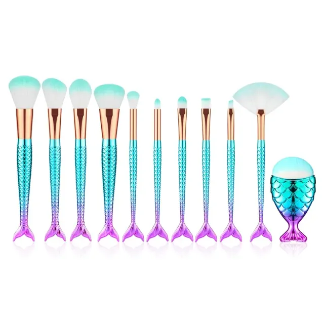 Set de pensule cosmetice de lux - design trendy în stil sirena, culoare metalică