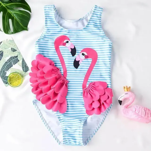 Costum de baie pentru fetițe drăguțe cu flamingo și dungi, fără mâneci