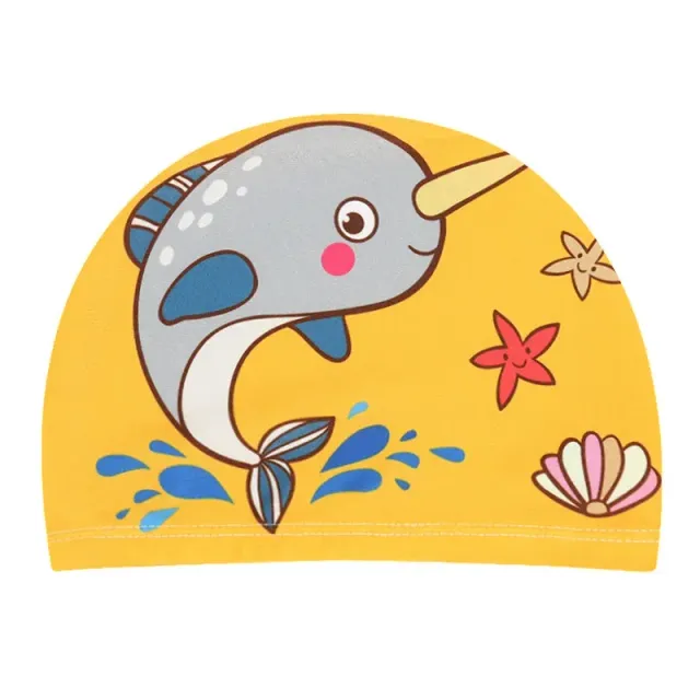 Baby swim hat with cute cartoon motif for protection of children's ears and hair while swimming - unisex