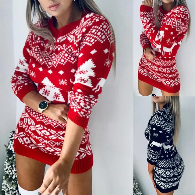 Women's modern knitted Christmas mini dress Elk