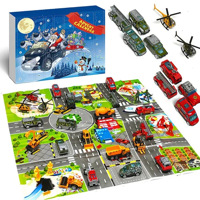 Vánoční adventní kalendář s různými autíčky na koberec se silnicí