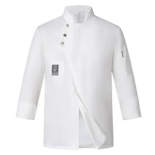 Universal professional chef coat in single-color design with collar and simple closure for men and women