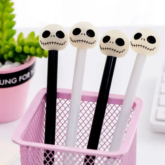 Set of 30 black gel pens with night light and skull for students