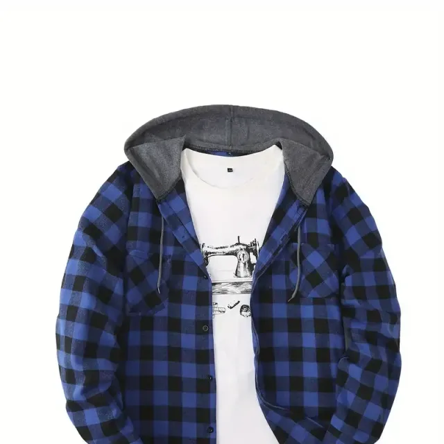 Men's plaid shirt jacket with long sleeves, hood and button closure - Regular fit