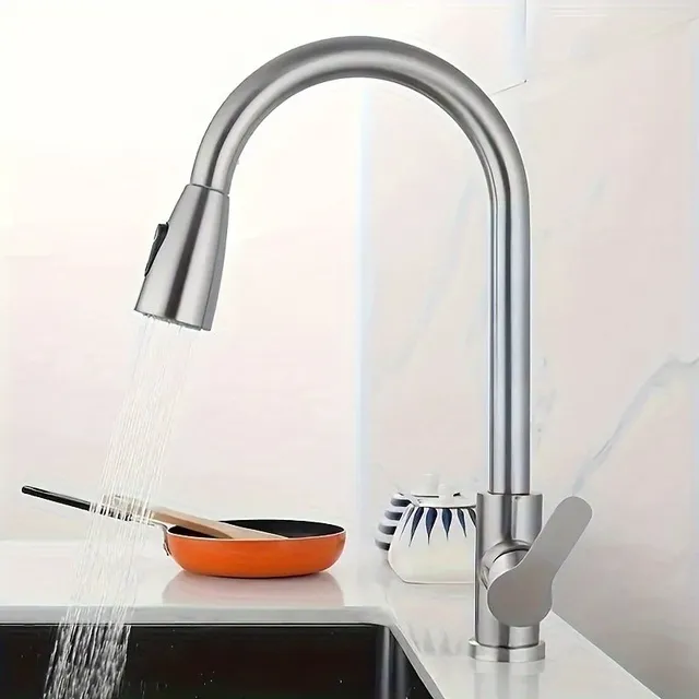 Kitchen sink mixer, stainless steel, pull-out, 360° swivel, with lever control for hot and cold water - splash protection