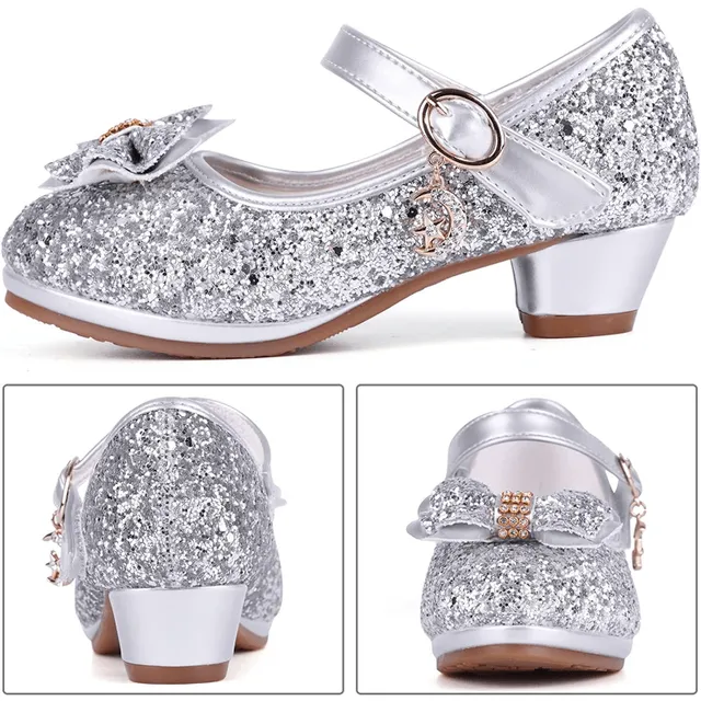 Sandále pre dievčatá s trblietkami a mašľou, trblietavé párty topánky s vysokým podpätkom - svadobné a narodeninové topánky