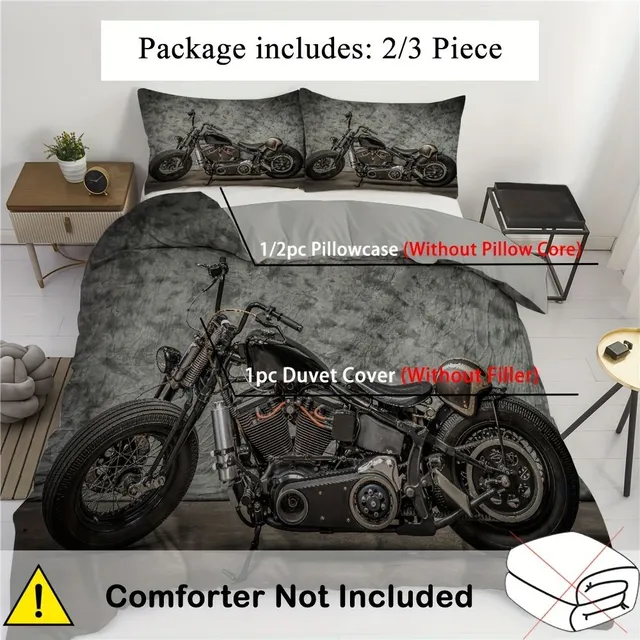 Retro motocyklové povlečení z prachového peří 3D, Pohodlná sada ložního prádla, Ideální do ložnic, pokojů pro hosty a kolejí.