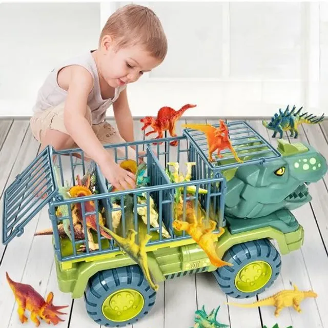 Prehistoric party: Dino kit with models, trucks and eggs