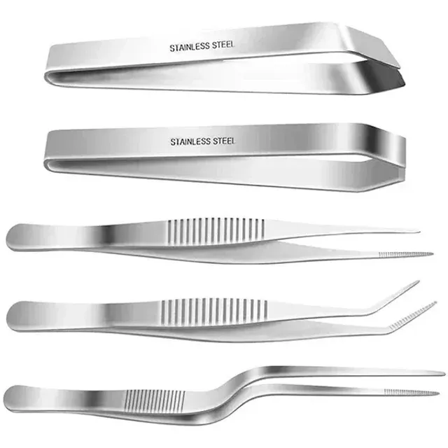 5 piece set of precision tweezers made of stainless steel - includes tweezers with striated tips, straight and slanted tweezers