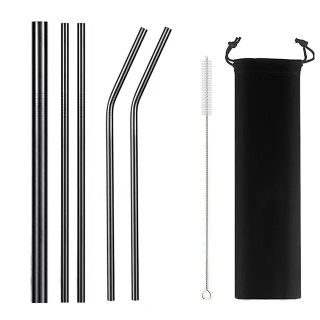 Set of re-usable stainless steel straws with case 7Pcs Black A