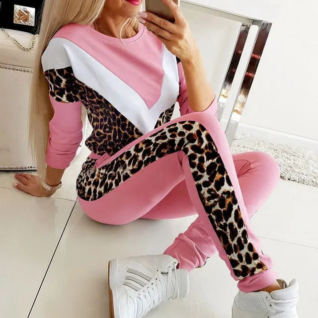 Leopardia tlač farebný blok sveter nohavice oblek