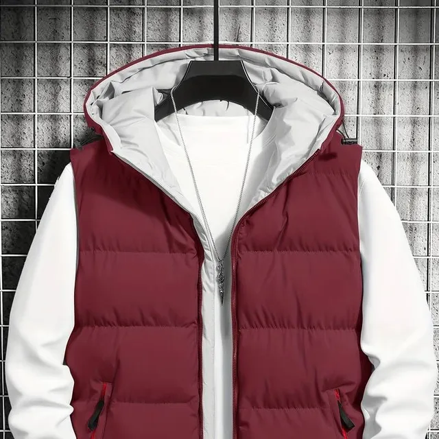 Winter men's warm vest with hood, zipper pockets and zipper fastening - Ideal in autumn and winter