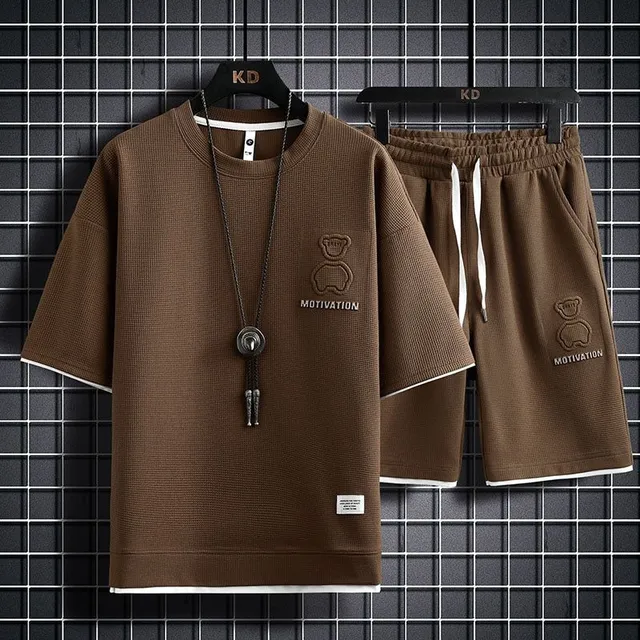 Pánský stylový jednobarevný moderní letní set oblečení - kraťasy a tričko s krátkým rukávem