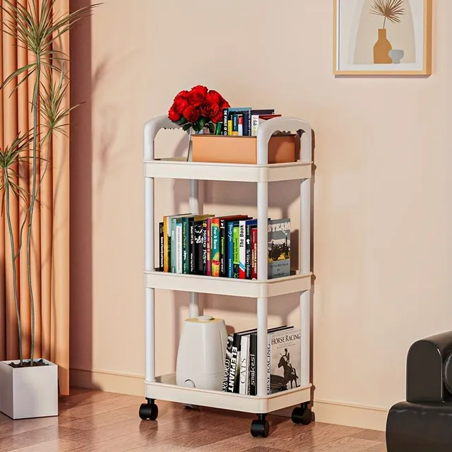 1pc Plastic Storage Cart with 3 Patrons, Riding with Handle and Wheels, Multifunctional shelf