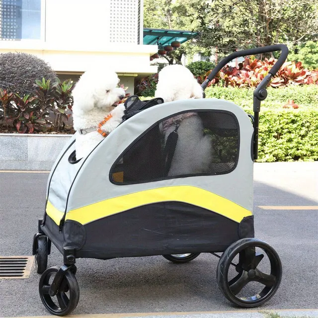 Carrito plegable de cuatro ruedas para dos perros con divisor extraíble