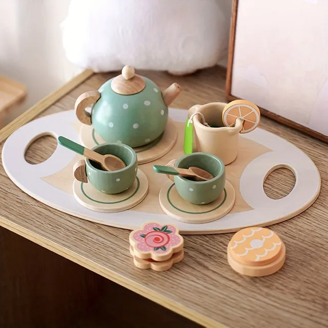 Drevené čajové pokrmy s domom a dezertom - hra pre deti
