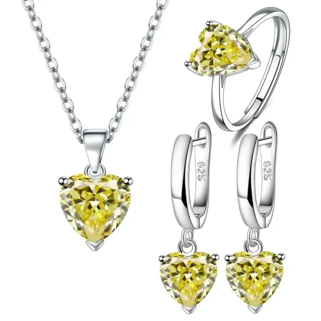 Set of jewelry for silver earrings, ring and chain with colored hearts made of zirconium